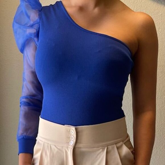 Blouse Blue Asymmetrical One-Shoulder Top With Sheer Puff Sleeve Fashion Elegant - Picture 1 of 16